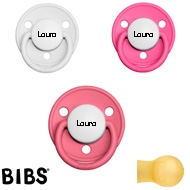 Bibs de Lux sutter med navn (Raspberry, White, Coral) Runde Latex str.2, 3 pack